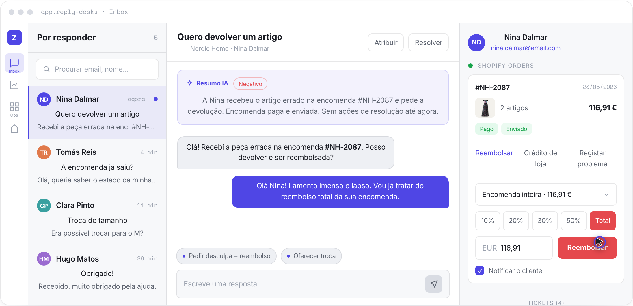 Reply Desks: inbox de apoio ao cliente com reembolso